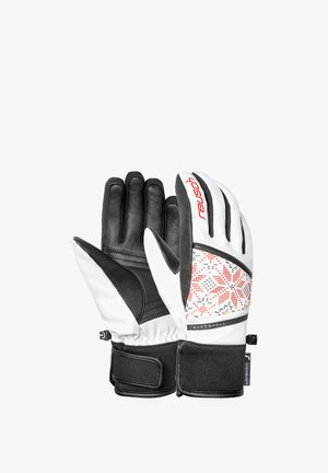 Schwarze Leder- und Softshell-Handschuhe mit weißen und roten Mustern. Sie verfügen über einen sicheren Bund und einen verstellbaren Verschluss für zusätzlichen Komfort.