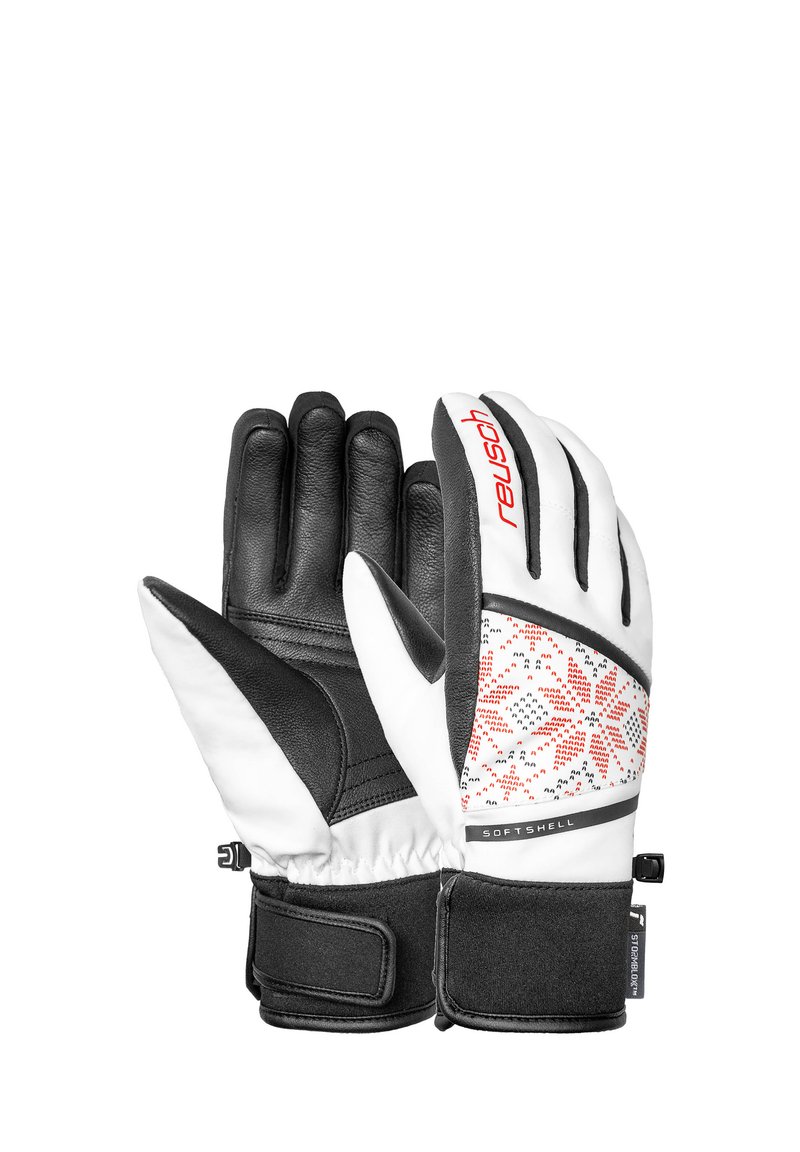 Schwarze Leder- und Softshell-Handschuhe mit weißen und roten Mustern. Sie verfügen über einen sicheren Bund und einen verstellbaren Verschluss für zusätzlichen Komfort.