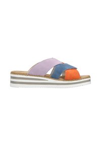 Multicolored slide sandal featuring purple, blue, and orange suede straps with a cushioned insole and a thick white rubber sole.