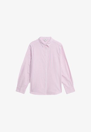 Camicia button-up di un rosa chiaro con strisce bianche e rosa scuro, maniche lunghe, colletto e bottoni trasparenti, realizzata in tessuto a trama.