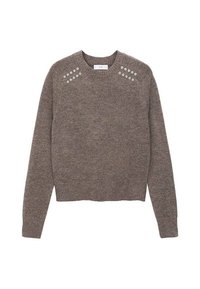 Brauner, gestrickter Pullover mit langen Ärmeln, Rundhalsausschnitt und dekorativen silbernen Nieten an den Schultern. Strukturiertes Gewebe, verkürztes Design.