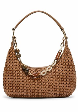 Brązowa pleciona torebka z skórzaną rączką i ozdobnym masywnym łańcuchem z koralikami i elementami z żółwia.