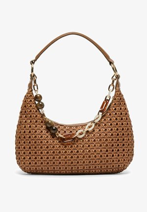 Brązowa pleciona torebka z skórzaną rączką i ozdobnym masywnym łańcuchem z koralikami i elementami z żółwia.