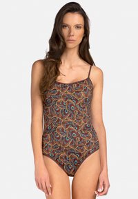 Wielokolorowy jednoczęściowy kostium kąpielowy z brązowym tłem i kwiatowymi wzorami w odcieniach niebieskiego i rdzy. Regulowane cienkie ramiączka; miękka tekstura.