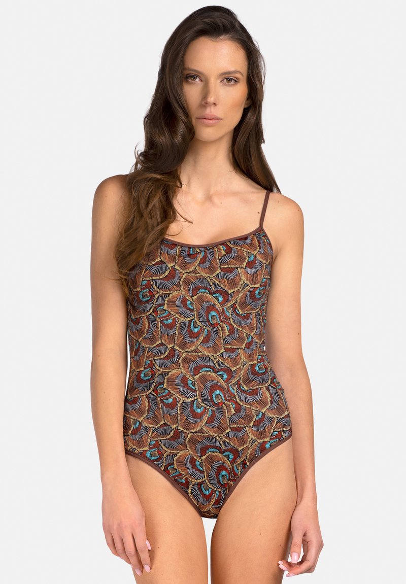 Wielokolorowy jednoczęściowy kostium kąpielowy z brązowym tłem i kwiatowymi wzorami w odcieniach niebieskiego i rdzy. Regulowane cienkie ramiączka; miękka tekstura.