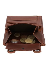 Brown leather wallet open with several Euro coins visible inside the coin compartment on a white background.