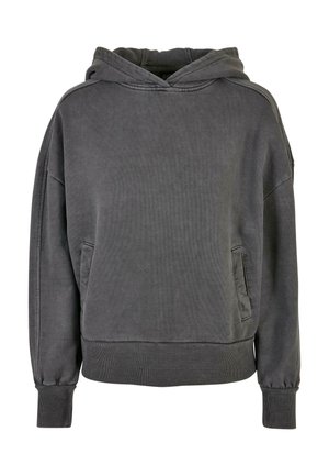 Grauer Hoodie aus weichem Material, mit einer Kängurutasche, gerippten Bündchen und Saum. Einfaches, entspanntes Design mit großer Kapuze.