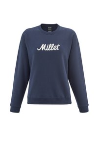 Sweatshirt bleu marine en tissu mélangé coton. Présente des poignets côtelés, un col ras du cou et un logo "Millet" brodé en blanc sur le devant.