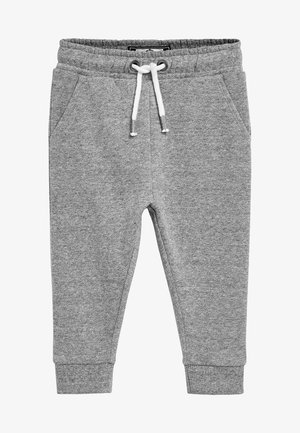 Graue Sweatpants aus weichem Stoff, mit einem elastischen Bund und weißem Kordelzug, seitlichen Taschen und gerippten Bündchen.
