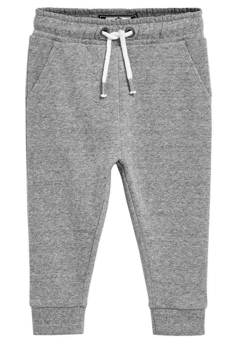 Graue Sweatpants aus weichem Stoff, mit einem elastischen Bund und weißem Kordelzug, seitlichen Taschen und gerippten Bündchen.