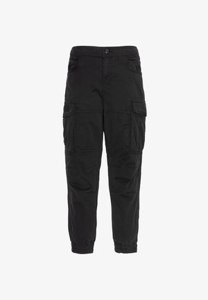 Sorte cargo bukser lavet af letvægtsstof, med flere lommer, knaplukning og elastiske manchetter for en tætsiddende pasform.