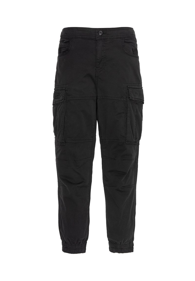 Pantalones cargo negros hechos de tejido ligero, con múltiples bolsillos, cierre de botón y puños elásticos para un ajuste ceñido.