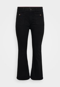 Black flared jeans with a classic five-pocket design, featuring a front button closure and a smooth cotton blend fabric.