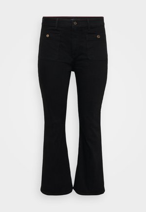 Jeans neri a zampa d'elefante con un classico design a cinque tasche, caratterizzati da una chiusura frontale con bottone e un morbido tessuto in misto cotone.