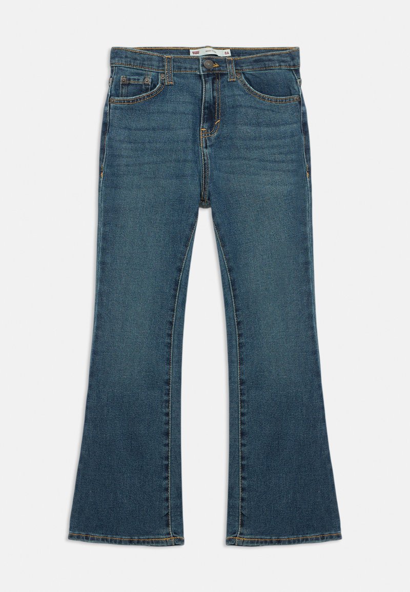 Jeans azul boca de sino feitos de denim com uma cintura ajustada, design de cinco bolsos e costura laranja contrastante ao longo das costuras.