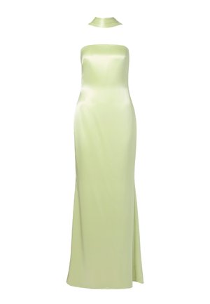 Trägerloses, blassgrünes Satin-Abendkleid mit separatem passendem Choker-Kragen, bodenlang, mit glatter und figurbetonter Silhouette.