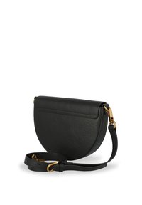Black half-moon leather crossbody bag with adjustable strap and gold-tone buckle and hardware, shown against white background.