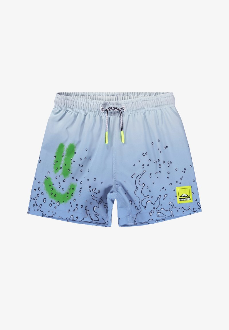 Shorts de bain bleus avec un design de visage souriant vert, des motifs en lignes noires et un patch logo jaune. Ils disposent d'une taille élastique et d'un cordon de serrage.