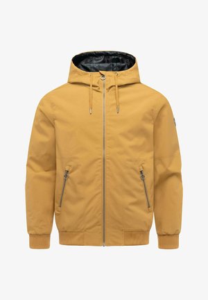 Senfgelbe Kapuzenjacke mit Frontreißverschluss, Kordelzug, seitlichen Reißverschlusstaschen sowie gerippten Bündchen und Saum.