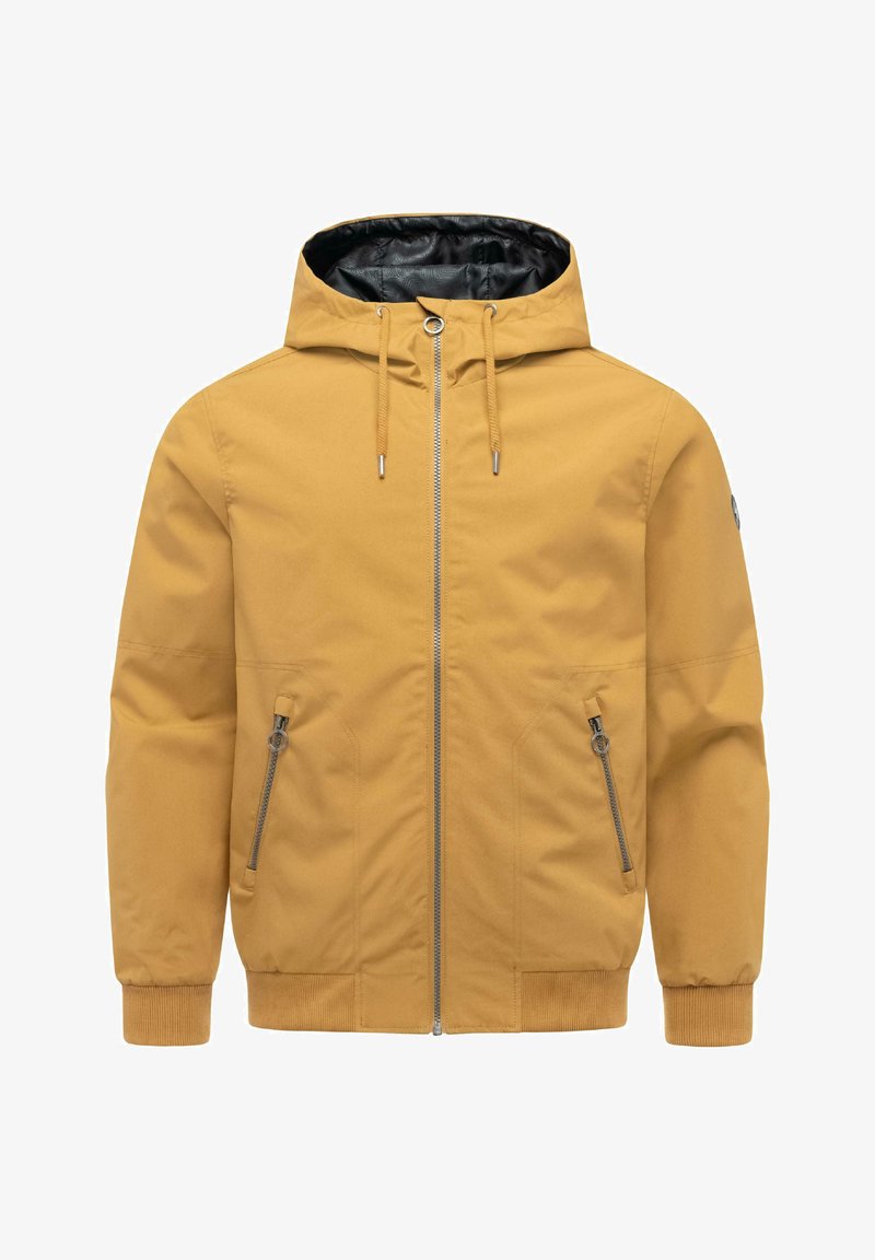 Mosterdgele capuchonjas met ritssluiting aan de voorkant, trekkoorden, met rits afsluitbare zijzakken en geribbelde boorden en zoom.