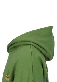 Grüne Kapuzenjacke mit einer großen, weichen Kapuze, glatter Textur und einem Logo-Design in kontrastierenden Farben auf der Vorderseite.