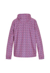 Veste matelassée fuchsia avec un col montant, ornée d'un motif de tourbillon géométrique en rose, bleu et blanc. Poignets élastiques et ourlet droit.