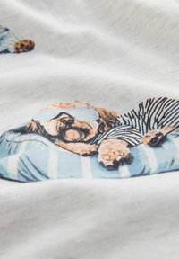 Bomullstyg med ett motiv av en sovande hund, kompletterat med en ljusblå randig kudde och en filt med zebramönster, i nyanser av beige och blå.