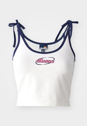 Top court blanc avec des bretelles bleu marine, présentant le logo brodé "ellesse" en rose. Tissu lisse, attaches réglables aux épaules.