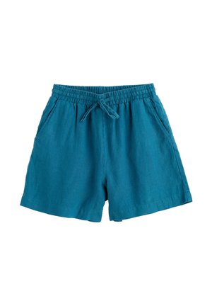 Teal linned shorts med elastisk talje, justerbar snor og to sidelommer. Glat tekstur og afslappet pasform.