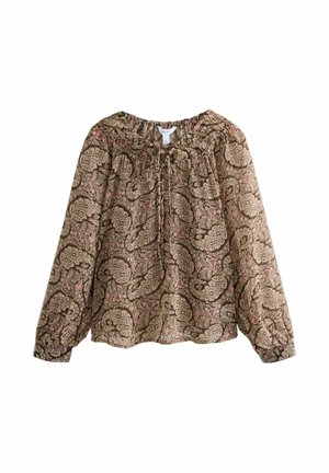 Blusa marrone a motivi con maniche lunghe, caratterizzata da un collo arricciato e chiusura con cordoncino. Design floreale paisley testurizzato in rosa e verde.