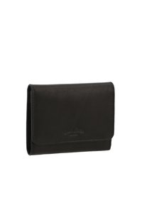 Black leather wallet with a smooth texture, rectangular shape, and a front flap closure. Includes embossed logo detail on the front.