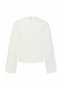 Maglione bianco cropped con una texture a coste, maniche ampie e scollatura rotonda. Il retro presenta un'etichetta sottile all'altezza della scollatura.