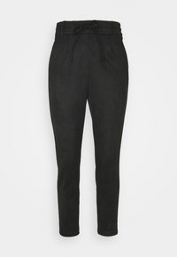 Pantalon noir en tissu doux, avec une taille élastique munie d'un cordon de serrage, coupe slim et jambes droites. Texture lisse sans motifs.