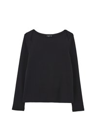 Maglietta nera a maniche lunghe realizzata in cotone morbido. Presenta un collo tondo e una vestibilità rilassata con dettagli di cucitura minimi.