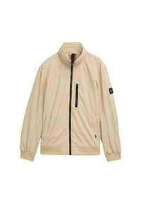 Beige jas gemaakt van lichtgewicht stof, met een hoge kraag, een ritssluiting aan de voorkant, elastische manchetten en twee zijzakken. Minimalistisch design.