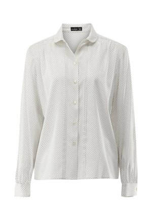 Weißes Hemd mit langen Ärmeln, das ein gepunktetes Muster und einen klassischen Kragen aufweist. Das Material ist glatt, mit Knopfmanschetten und seitlichen Falten.