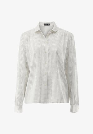 Weißes Hemd mit langen Ärmeln, das ein gepunktetes Muster und einen klassischen Kragen aufweist. Das Material ist glatt, mit Knopfmanschetten und seitlichen Falten.