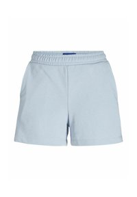 Shorts en coton bleu clair avec une taille élastique, dotés de deux poches latérales et d'une texture simple et lisse.