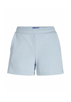Shorts en coton bleu clair avec une taille élastique, dotés de deux poches latérales et d'une texture simple et lisse.
