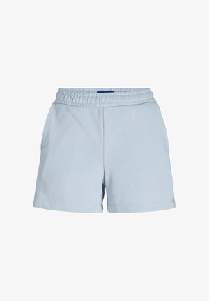 Light blue cotton shorts with an elastic waistband, featuring two side pockets and a simple, smooth texture.