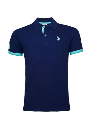 Marineblaues Poloshirt mit türkisfarbenem Kragen und Ärmelbündchen, Zweiknopfleiste und gesticktem Logo auf Brust und Ärmel.