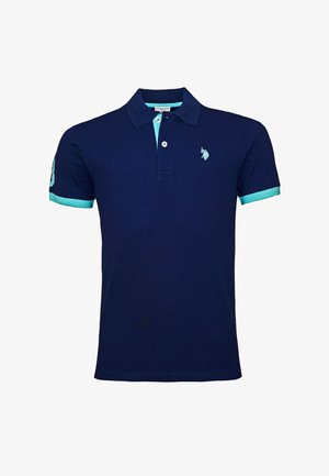 Polo bleu marine avec col et bordures de manches turquoise, patte à deux boutons et logo brodé sur la poitrine et la manche.
