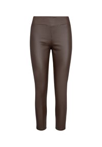 Brown faux leather leggings with a smooth texture, featuring a high waistband and slim-fit design, extending to the ankle.