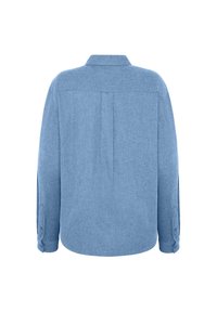 Blue, button-up shirt made from textured fabric. Features long sleeves, a back pleat, and a classic collar. Adjustable button cuffs.