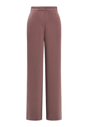 Kalhoty s vysokým pasem a rovnými nohavicemi v barvě pudrové růže s tenkými bílými vertikálními proužky a skrytým předním zapínáním.