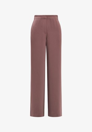 Vysoký pás, rovné nohavice v odtieni svetloružovej s tenkými bielymi vertikálnymi pásikmi a skrytým predným zapínaním.