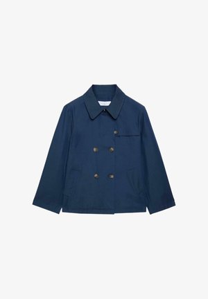 Navy blue double-breasted jacket with wide collar, six buttons, two slanted front pockets, and a single chest pocket flap.