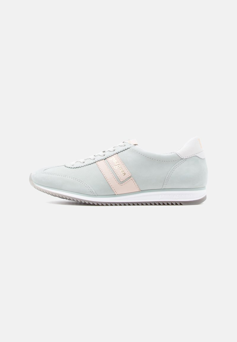Baskets en cuir bleu clair avec accents roses, semelles blanches et lacets. Présentent une surface texturée et un marquage subtil sur le côté.