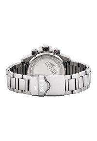 Orologio in acciaio inox argentato con design cronografo, caratterizzato da una cassa lucida, maglie del bracciale testurizzate e una chiusura sicura.