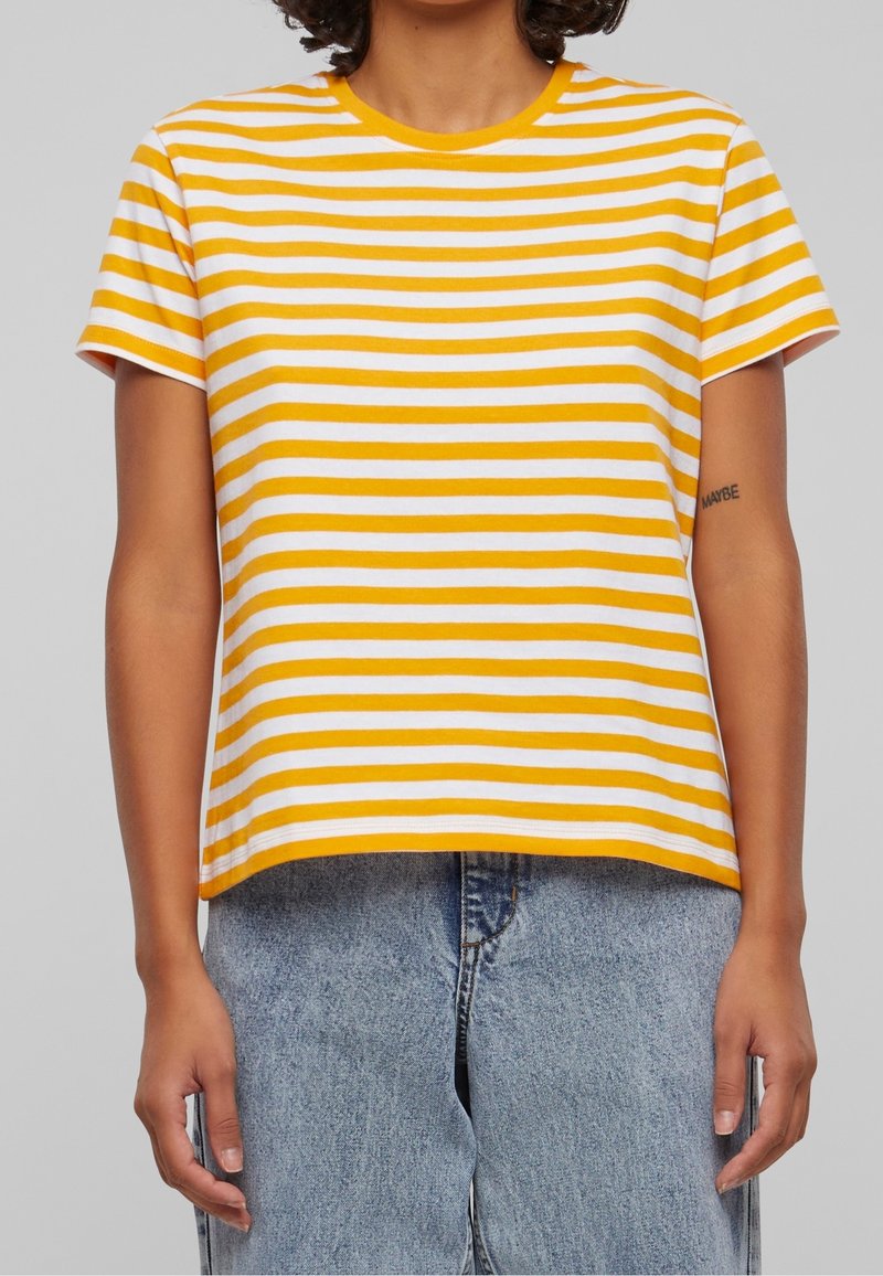 Yellow and white striped short-sleeve t-shirt made of soft cotton, featuring a crew neckline and a relaxed fit.